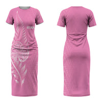 New Zealand Ta Moko Silver Fern Pink Couples Matching Short Sleeve Bodycon Dress and Long Sleeve Button Shirt Taniko Taniwha Motifs