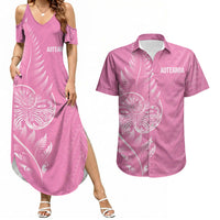 New Zealand Ta Moko Silver Fern Pink Couples Matching Summer Maxi Dress and Hawaiian Shirt Taniko Taniwha Motifs