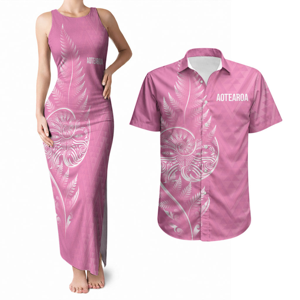 New Zealand Ta Moko Silver Fern Pink Couples Matching Tank Maxi Dress and Hawaiian Shirt Taniko Taniwha Motifs