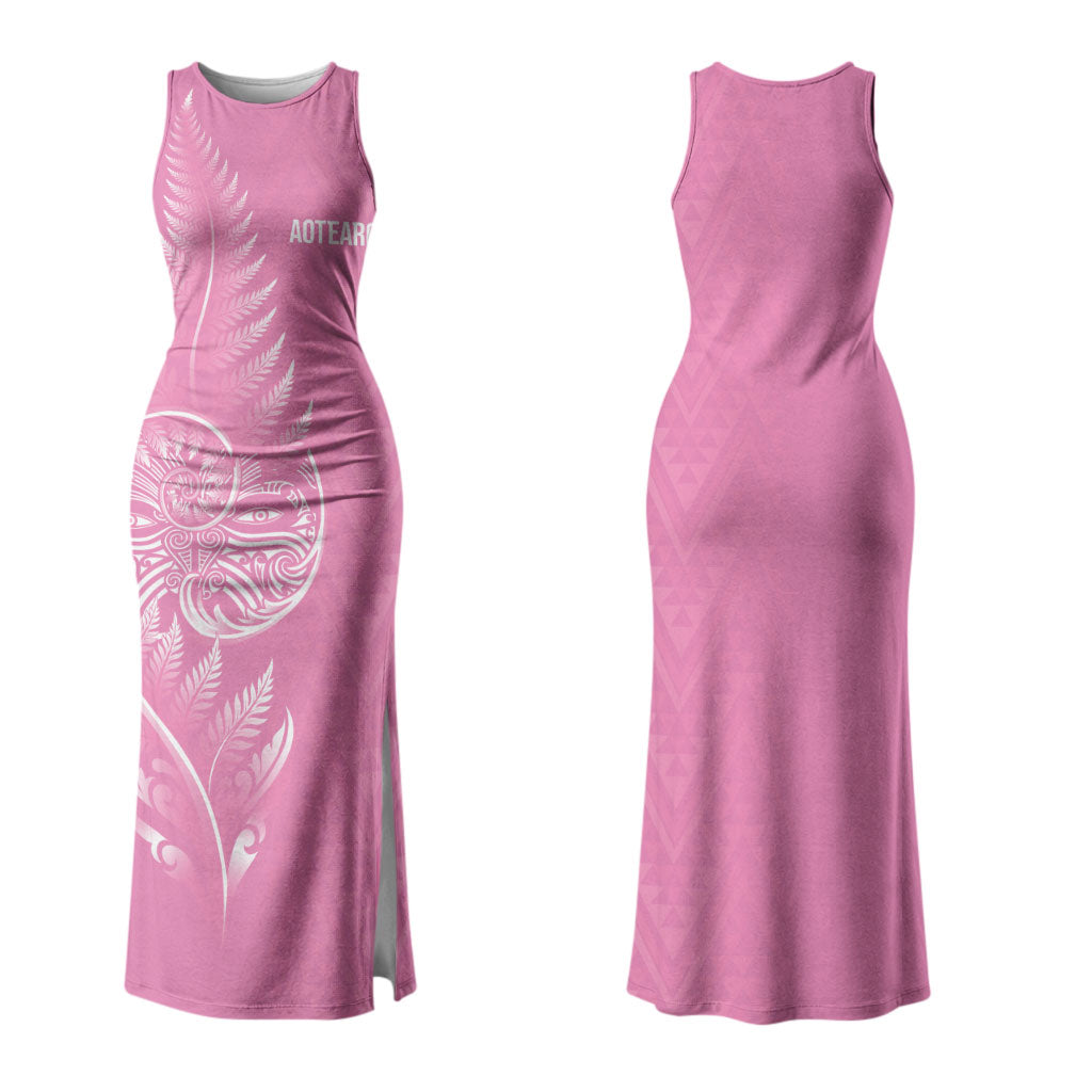 New Zealand Ta Moko Silver Fern Pink Couples Matching Tank Maxi Dress and Hawaiian Shirt Taniko Taniwha Motifs