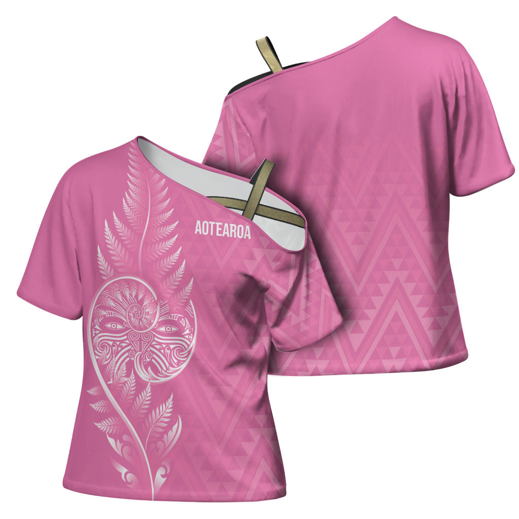 New Zealand Ta Moko Silver Fern Pink Cross Shoulder Shirt Taniko Taniwha Motifs