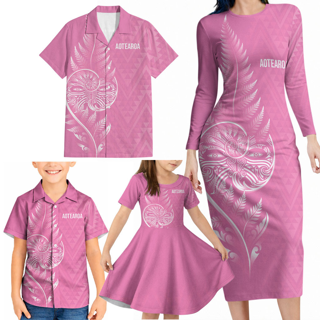 New Zealand Ta Moko Silver Fern Pink Family Matching Long Sleeve Bodycon Dress and Hawaiian Shirt Taniko Taniwha Motifs