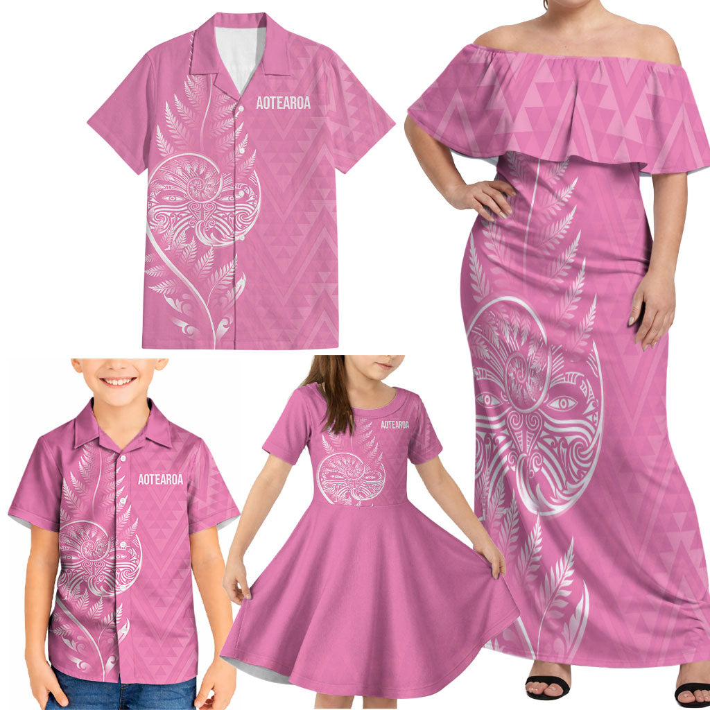 New Zealand Ta Moko Silver Fern Pink Family Matching Off Shoulder Maxi Dress and Hawaiian Shirt Taniko Taniwha Motifs