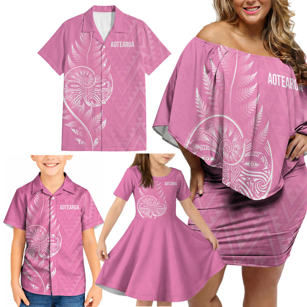 New Zealand Ta Moko Silver Fern Pink Family Matching Off Shoulder Short Dress and Hawaiian Shirt Taniko Taniwha Motifs