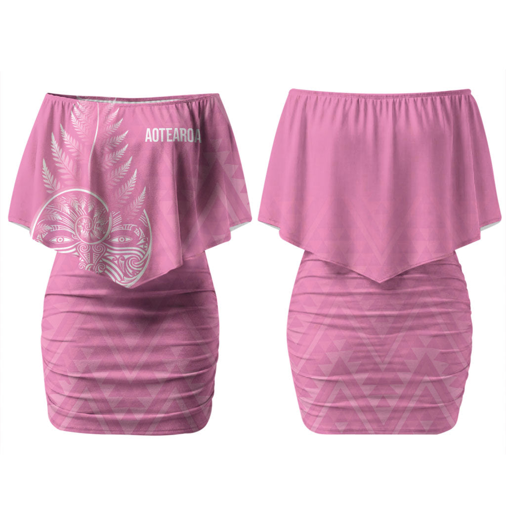 New Zealand Ta Moko Silver Fern Pink Family Matching Off Shoulder Short Dress and Hawaiian Shirt Taniko Taniwha Motifs