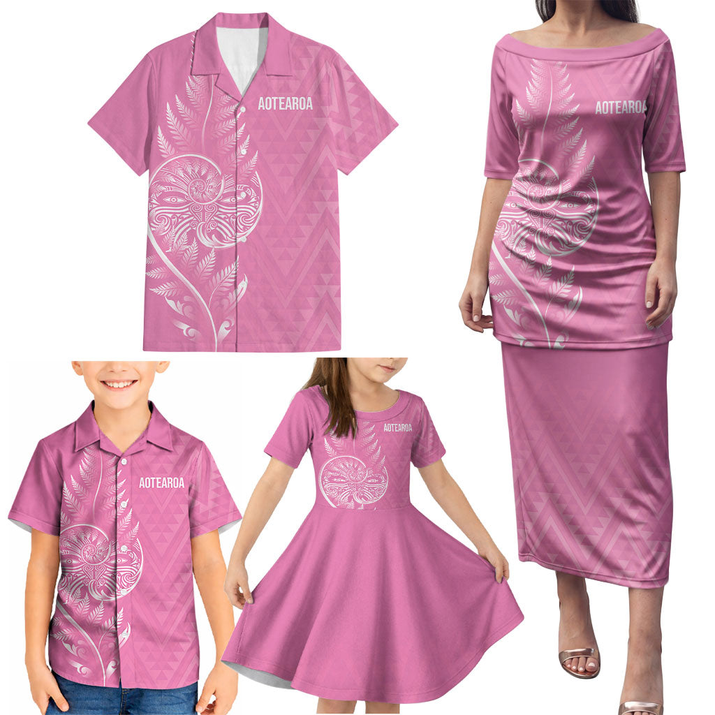 New Zealand Ta Moko Silver Fern Pink Family Matching Puletasi and Hawaiian Shirt Taniko Taniwha Motifs