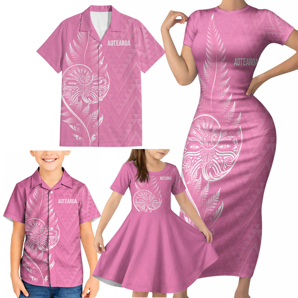 New Zealand Ta Moko Silver Fern Pink Family Matching Short Sleeve Bodycon Dress and Hawaiian Shirt Taniko Taniwha Motifs