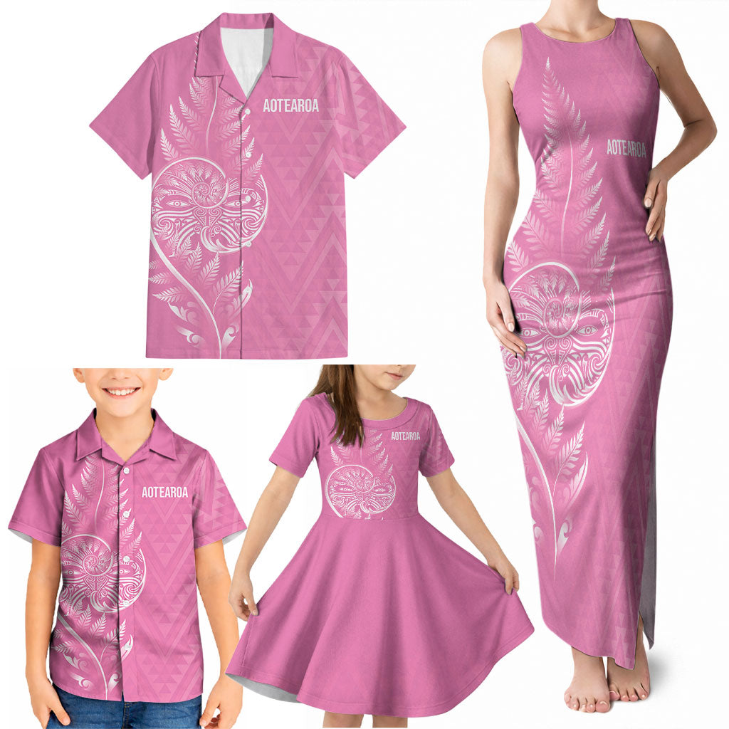 New Zealand Ta Moko Silver Fern Pink Family Matching Tank Maxi Dress and Hawaiian Shirt Taniko Taniwha Motifs