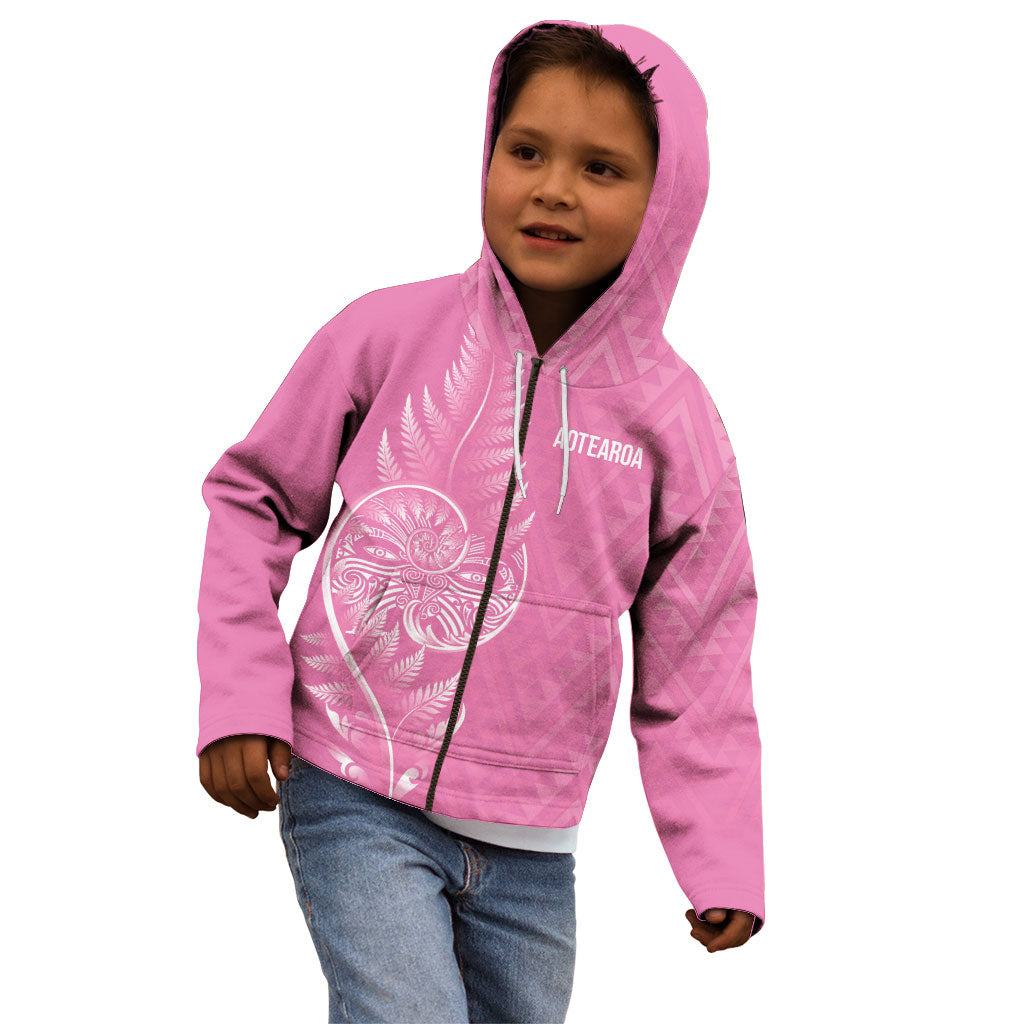 New Zealand Ta Moko Silver Fern Pink Kid Hoodie Taniko Taniwha Motifs