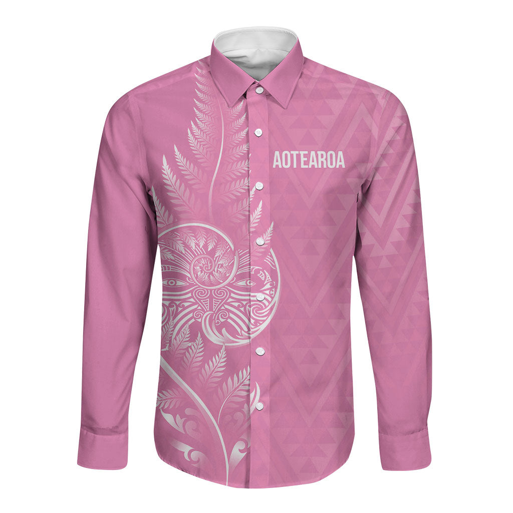 New Zealand Ta Moko Silver Fern Pink Long Sleeve Button Shirt Taniko Taniwha Motifs