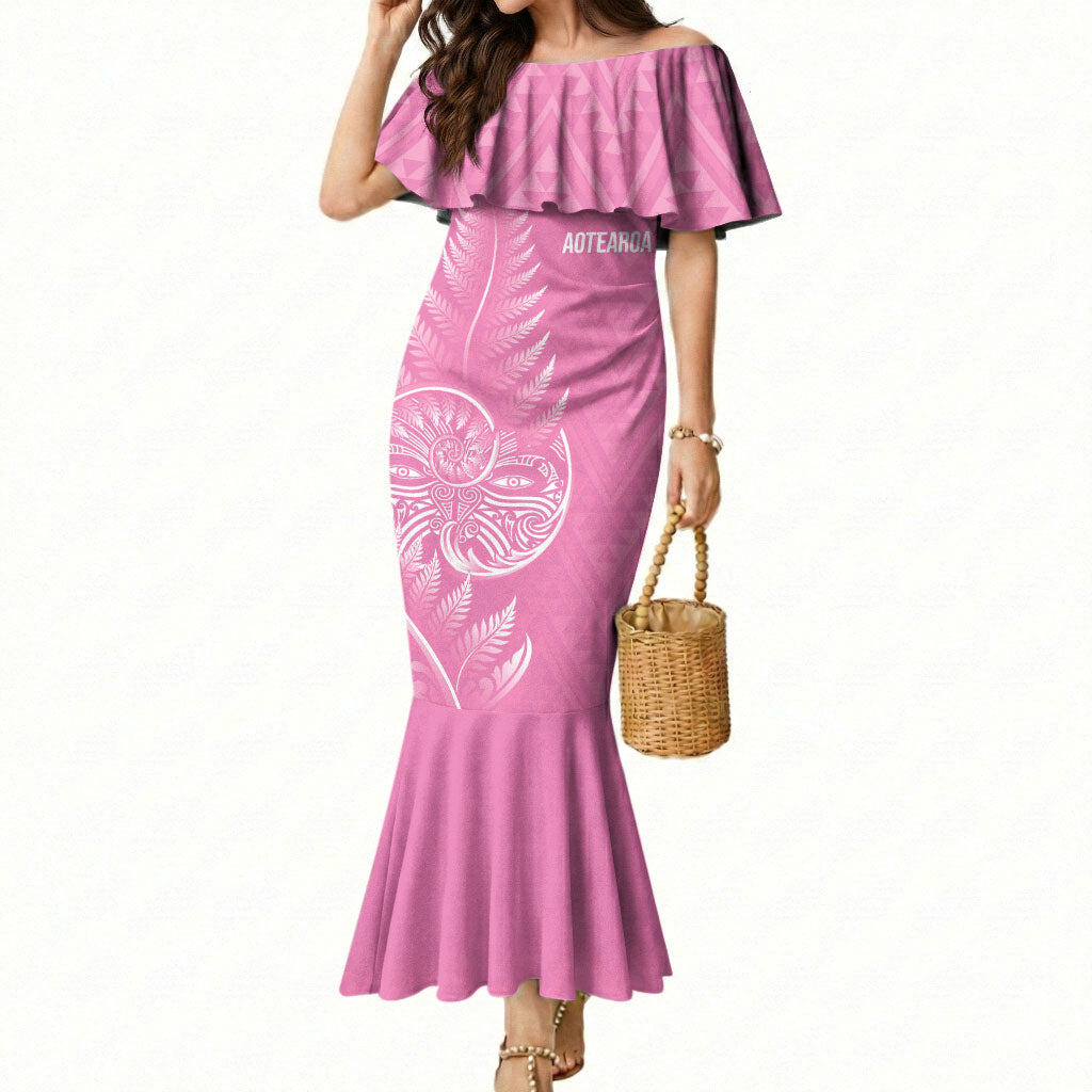 New Zealand Ta Moko Silver Fern Pink Mermaid Dress Taniko Taniwha Motifs