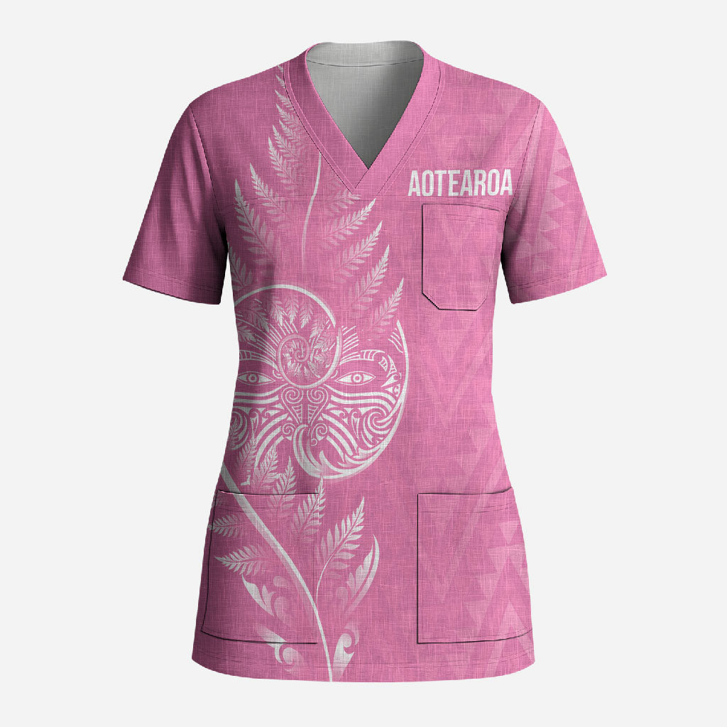 New Zealand Ta Moko Silver Fern Pink Scrub Top Taniko Taniwha Motifs