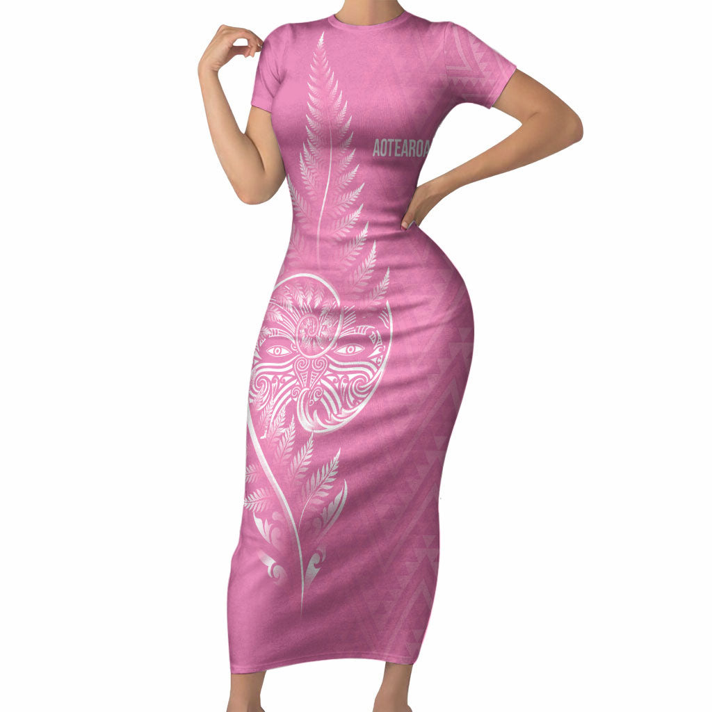 New Zealand Ta Moko Silver Fern Pink Short Sleeve Bodycon Dress Taniko Taniwha Motifs
