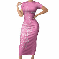 New Zealand Ta Moko Silver Fern Pink Short Sleeve Bodycon Dress Taniko Taniwha Motifs