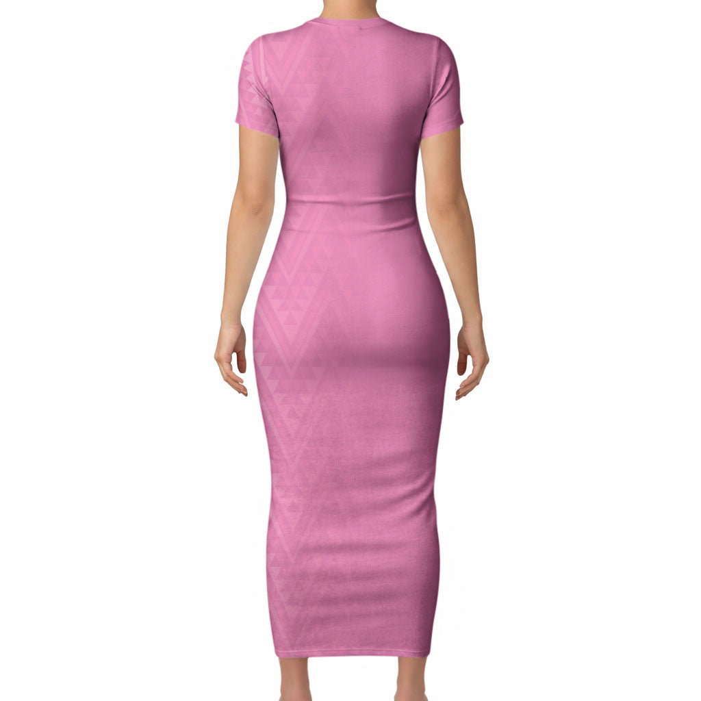 New Zealand Ta Moko Silver Fern Pink Short Sleeve Bodycon Dress Taniko Taniwha Motifs
