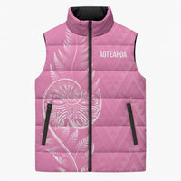 New Zealand Ta Moko Silver Fern Pink Sleeveless Puffer Jacket Taniko Taniwha Motifs