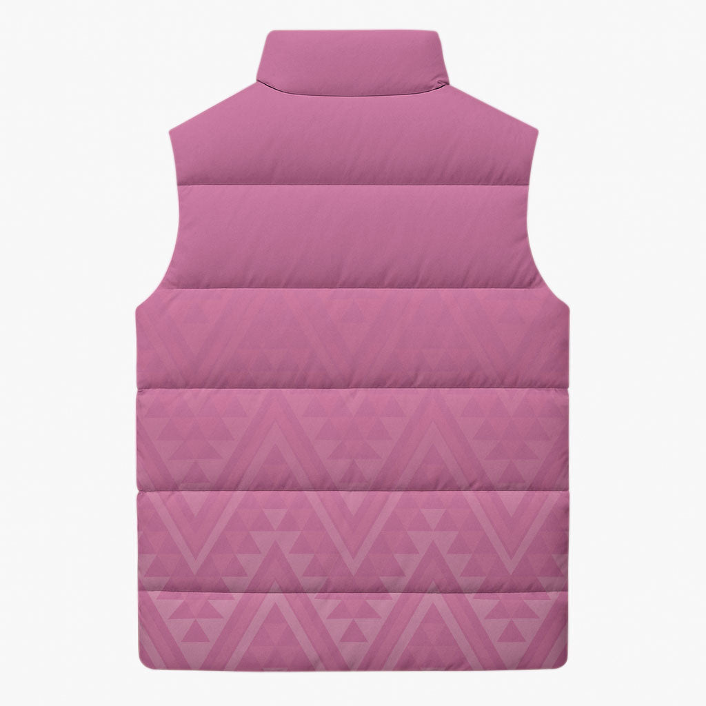 New Zealand Ta Moko Silver Fern Pink Sleeveless Puffer Jacket Taniko Taniwha Motifs