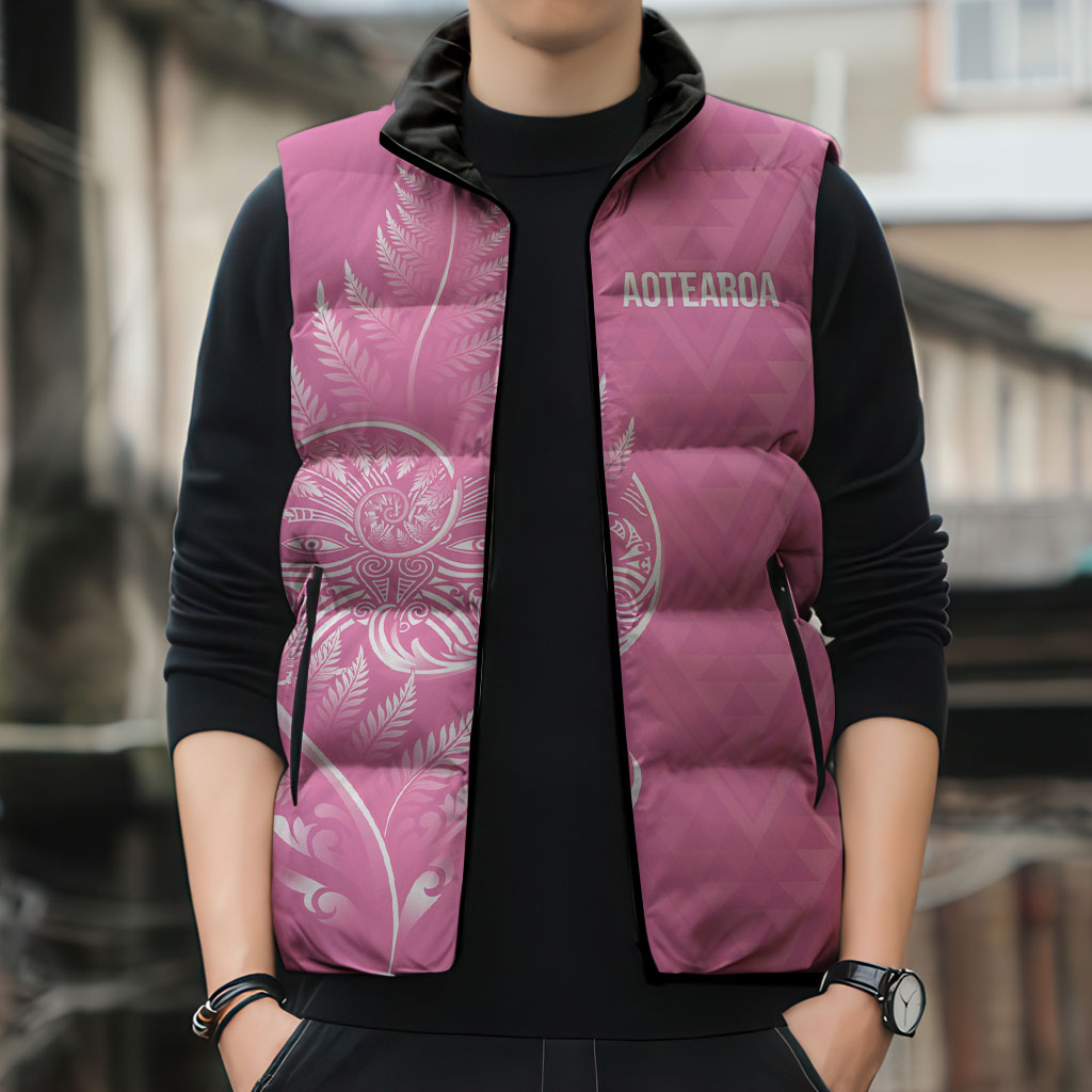 New Zealand Ta Moko Silver Fern Pink Sleeveless Puffer Jacket Taniko Taniwha Motifs