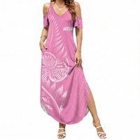 New Zealand Ta Moko Silver Fern Pink Summer Maxi Dress Taniko Taniwha Motifs