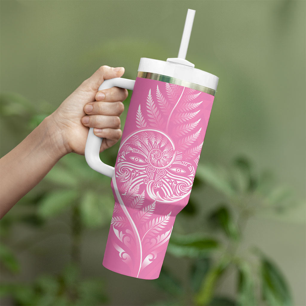 New Zealand Ta Moko Silver Fern Pink Tumbler With Handle Taniko Taniwha Motifs