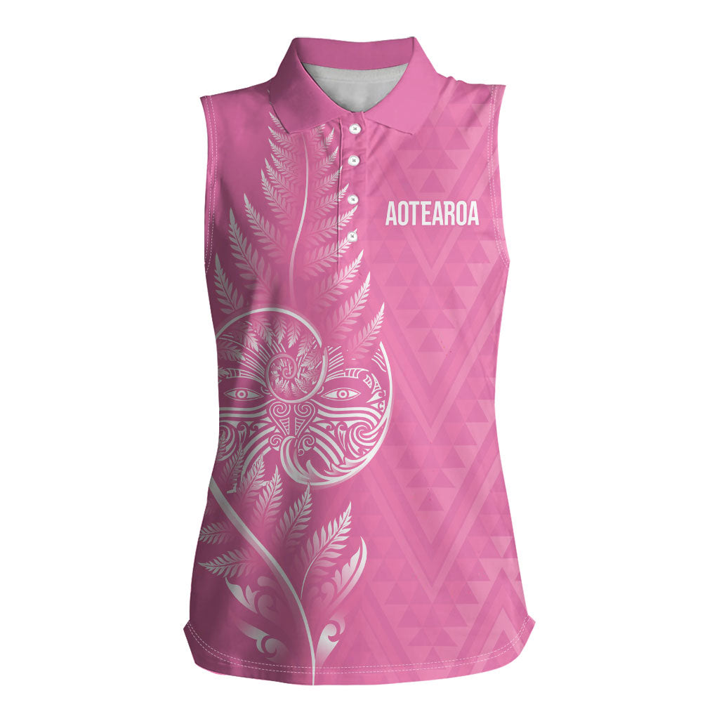 New Zealand Ta Moko Silver Fern Pink Women Sleeveless Polo Shirt Taniko Taniwha Motifs