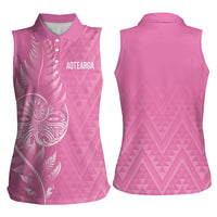 New Zealand Ta Moko Silver Fern Pink Women Sleeveless Polo Shirt Taniko Taniwha Motifs