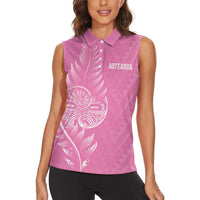 New Zealand Ta Moko Silver Fern Pink Women Sleeveless Polo Shirt Taniko Taniwha Motifs