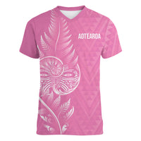 New Zealand Ta Moko Silver Fern Pink Women V-Neck T-Shirt Taniko Taniwha Motifs