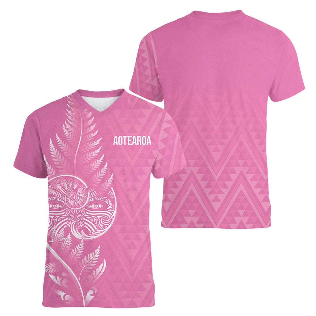 New Zealand Ta Moko Silver Fern Pink Women V-Neck T-Shirt Taniko Taniwha Motifs