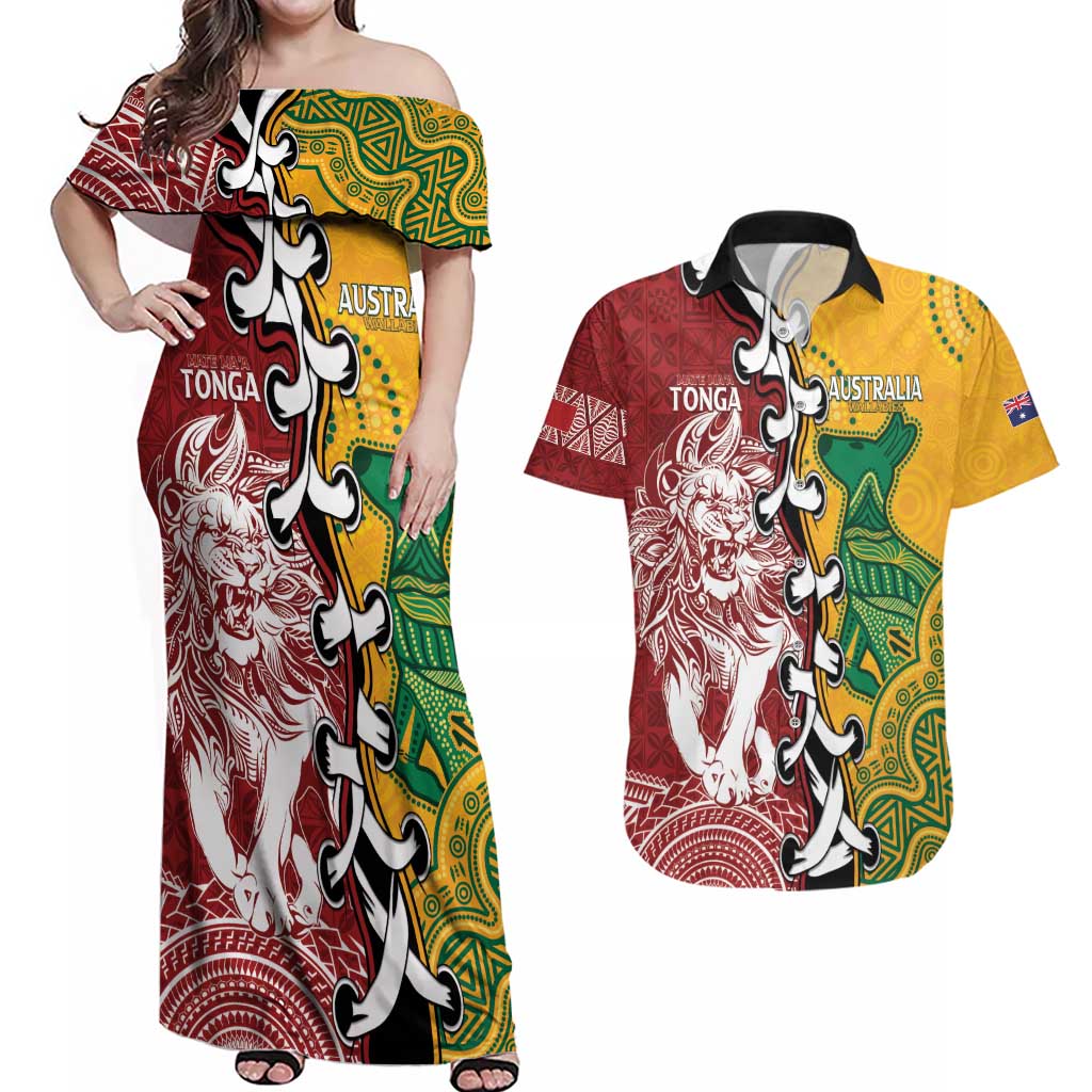 Mate Ma'a Tonga Vs Australia Rugby Personalized Couples Matching Off Shoulder Maxi Dress and Hawaiian Shirt Special Mascots