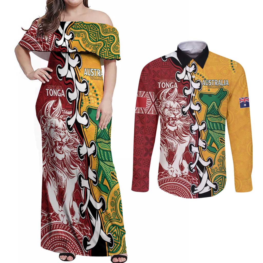 Mate Ma'a Tonga Vs Australia Rugby Personalized Couples Matching Off Shoulder Maxi Dress and Long Sleeve Button Shirt Special Mascots