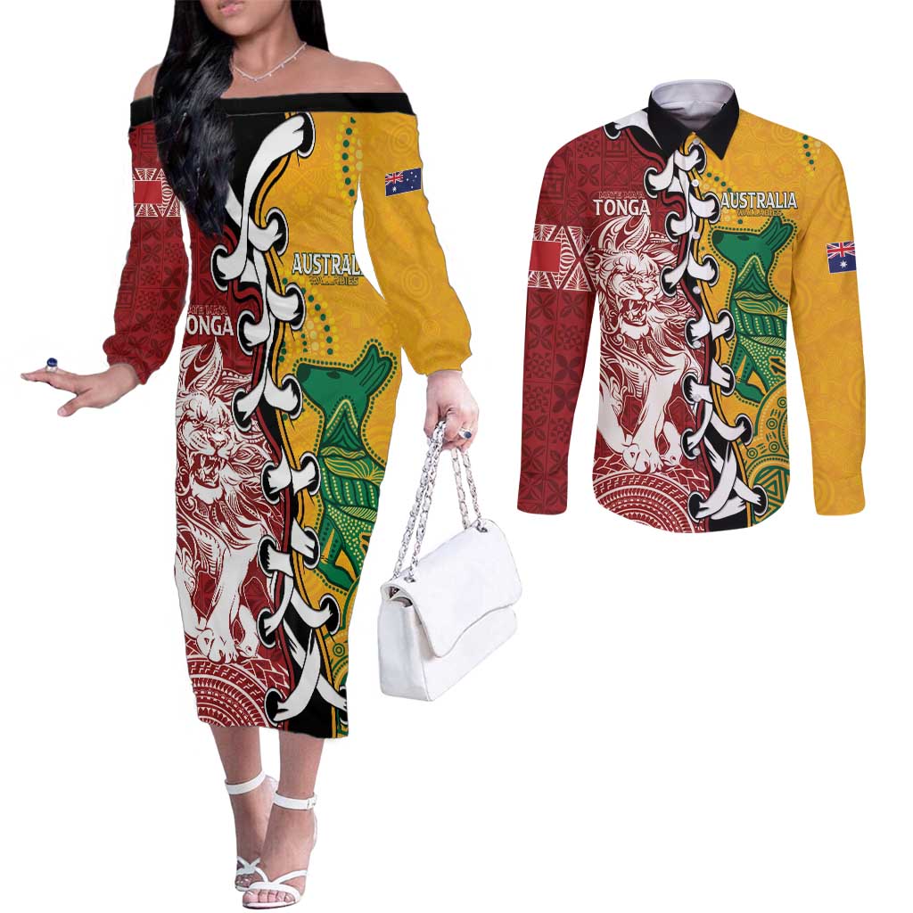Mate Ma'a Tonga Vs Australia Rugby Personalized Couples Matching Off The Shoulder Long Sleeve Dress and Long Sleeve Button Shirt Special Mascots