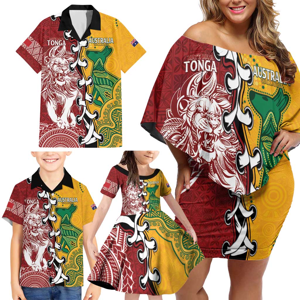 Mate Ma'a Tonga Vs Australia Rugby Personalized Family Matching Off Shoulder Short Dress and Hawaiian Shirt Special Mascots