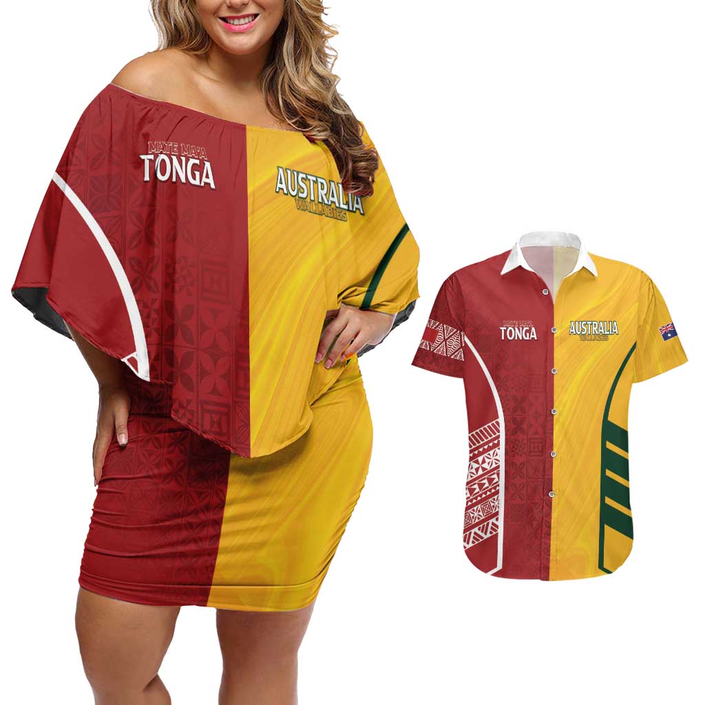 Australia - Tonga Rugby Custom Couples Matching Off Shoulder Short Dress and Hawaiian Shirt Minimalist Dynamic