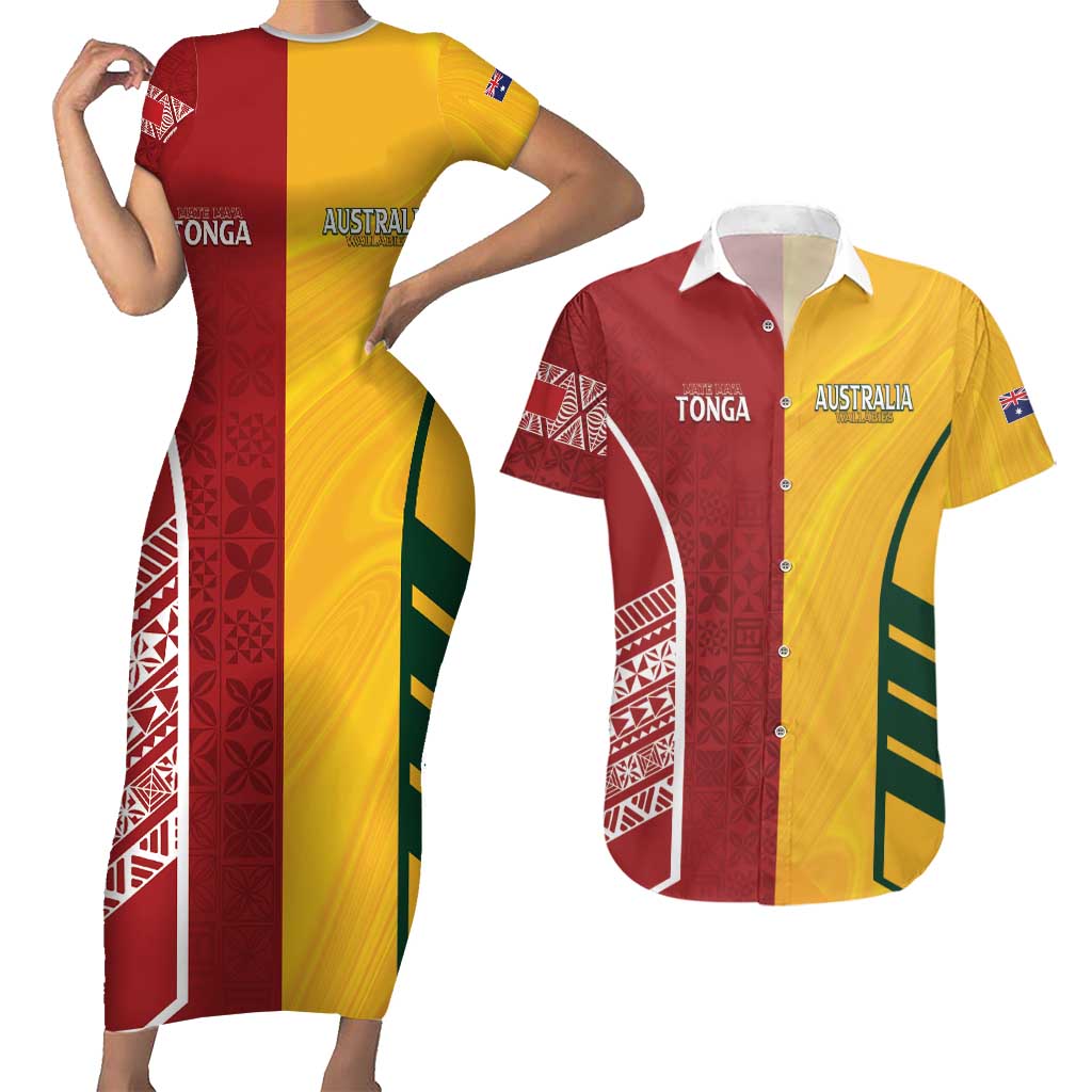 Australia - Tonga Rugby Custom Couples Matching Short Sleeve Bodycon Dress and Hawaiian Shirt Minimalist Dynamic