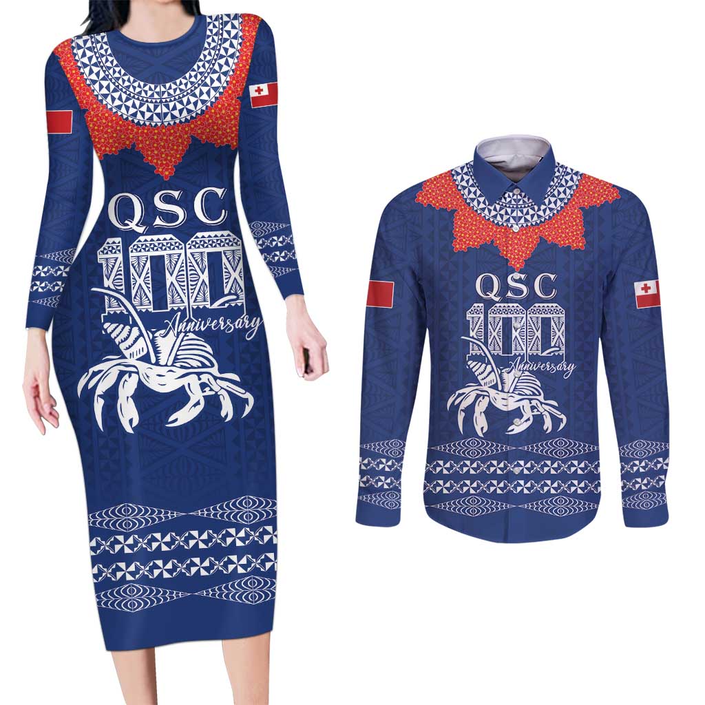 Queen Salote College 100 Years Anniversary Personalized Couples Matching Long Sleeve Bodycon Dress and Long Sleeve Button Shirt Tonga QSC Royal Blue - Polynesian Pride