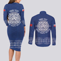 Queen Salote College 100 Years Anniversary Personalized Couples Matching Long Sleeve Bodycon Dress and Long Sleeve Button Shirt Tonga QSC Royal Blue - Polynesian Pride