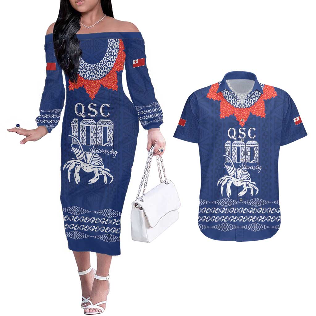 Queen Salote College 100 Years Anniversary Personalized Couples Matching Off The Shoulder Long Sleeve Dress and Hawaiian Shirt Tonga QSC Royal Blue - Polynesian Pride