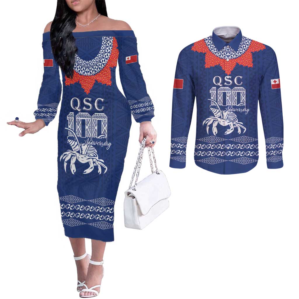 Queen Salote College 100 Years Anniversary Personalized Couples Matching Off The Shoulder Long Sleeve Dress and Long Sleeve Button Shirt Tonga QSC Royal Blue - Polynesian Pride