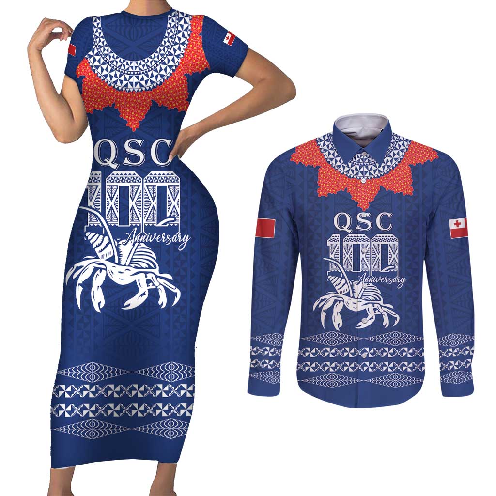 Queen Salote College 100 Years Anniversary Personalized Couples Matching Short Sleeve Bodycon Dress and Long Sleeve Button Shirt Tonga QSC Royal Blue - Polynesian Pride