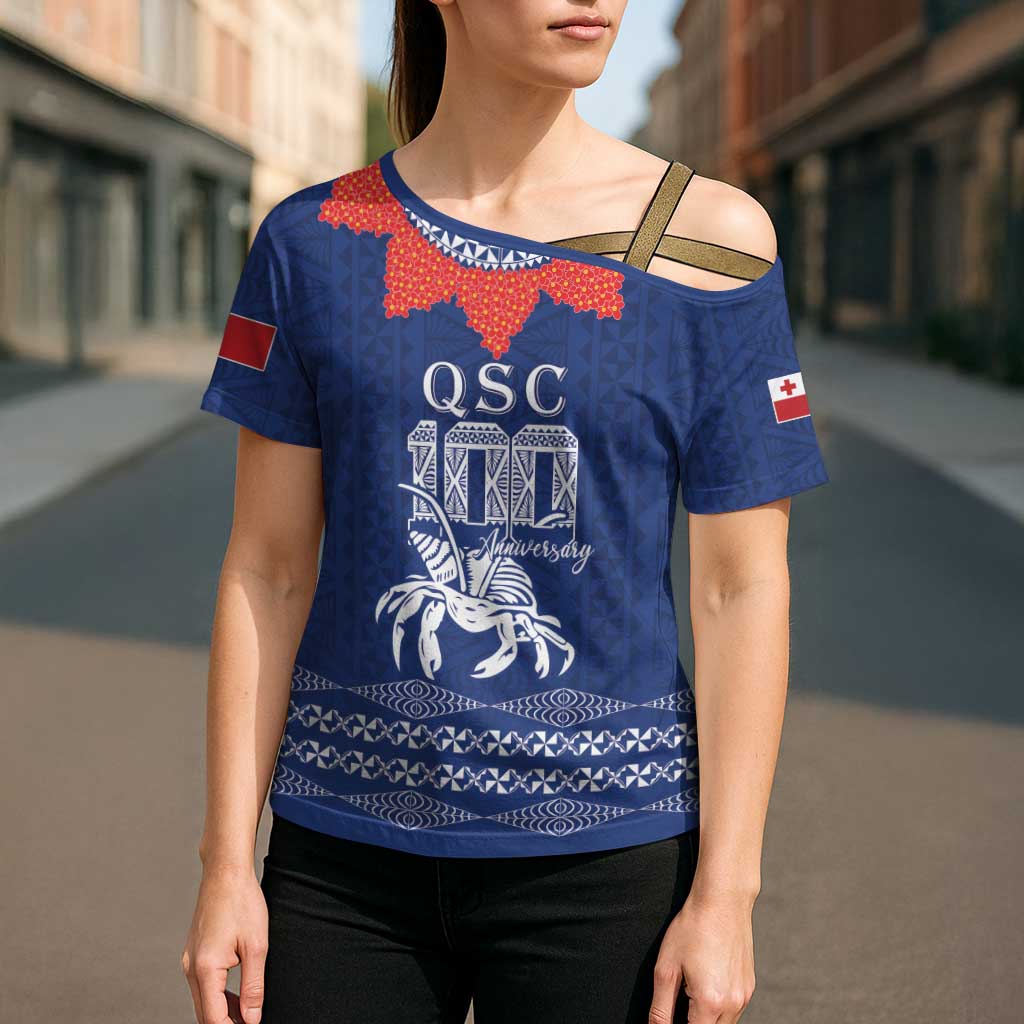 Queen Salote College 100 Years Anniversary Personalized Cross Shoulder Shirt Tonga QSC Royal Blue - Polynesian Pride
