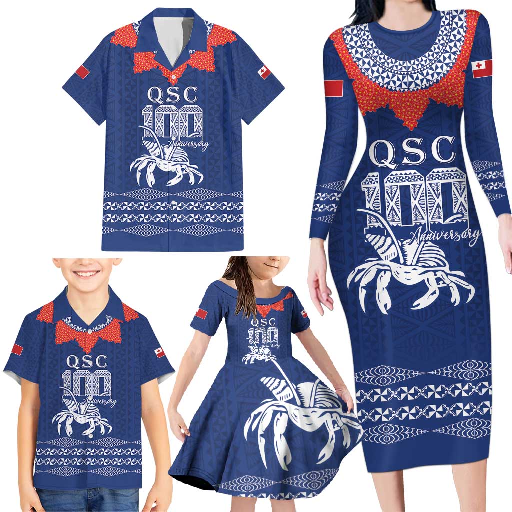 Queen Salote College 100 Years Anniversary Personalized Family Matching Long Sleeve Bodycon Dress and Hawaiian Shirt Tonga QSC Royal Blue - Polynesian Pride