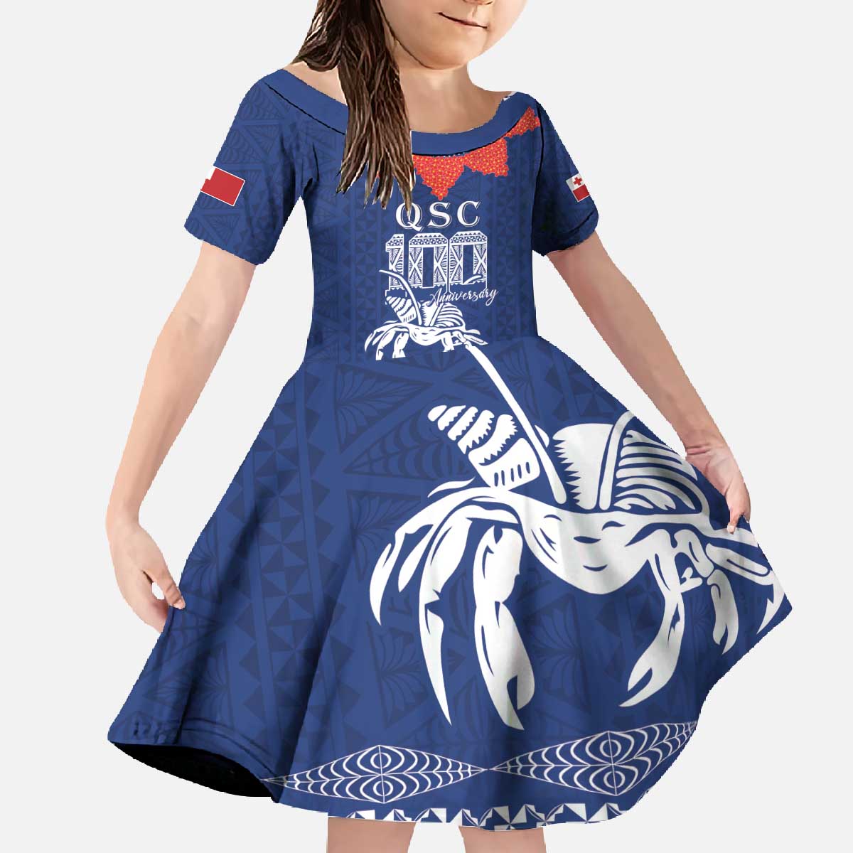 Queen Salote College 100 Years Anniversary Personalized Family Matching Off The Shoulder Long Sleeve Dress and Hawaiian Shirt Tonga QSC Royal Blue - Polynesian Pride
