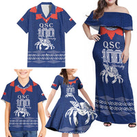 Queen Salote College 100 Years Anniversary Personalized Family Matching Off Shoulder Maxi Dress and Hawaiian Shirt Tonga QSC Royal Blue - Polynesian Pride