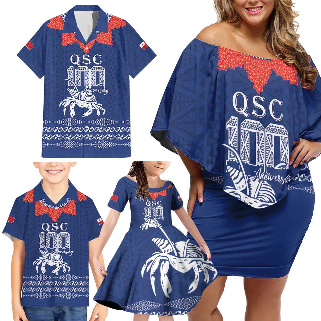 Queen Salote College 100 Years Anniversary Personalized Family Matching Off Shoulder Short Dress and Hawaiian Shirt Tonga QSC Royal Blue - Polynesian Pride