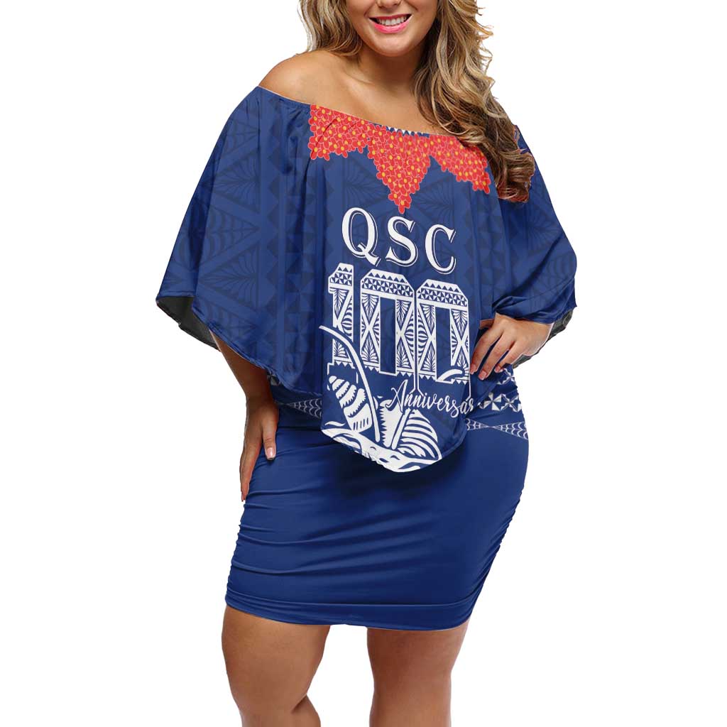 Queen Salote College 100 Years Anniversary Personalized Family Matching Off Shoulder Short Dress and Hawaiian Shirt Tonga QSC Royal Blue - Polynesian Pride