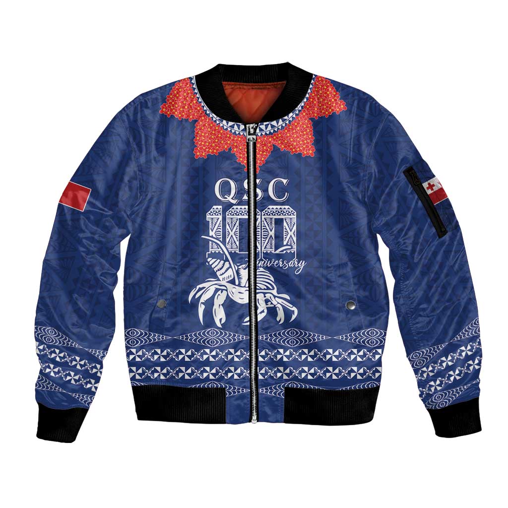 Queen Salote College 100 Years Anniversary Personalized Sleeve Zip Bomber Jacket Tonga QSC Royal Blue - Polynesian Pride
