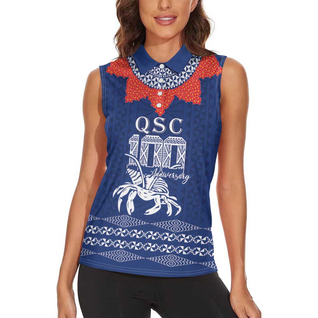 Queen Salote College 100 Years Anniversary Personalized Women Sleeveless Polo Shirt Tonga QSC Royal Blue - Polynesian Pride