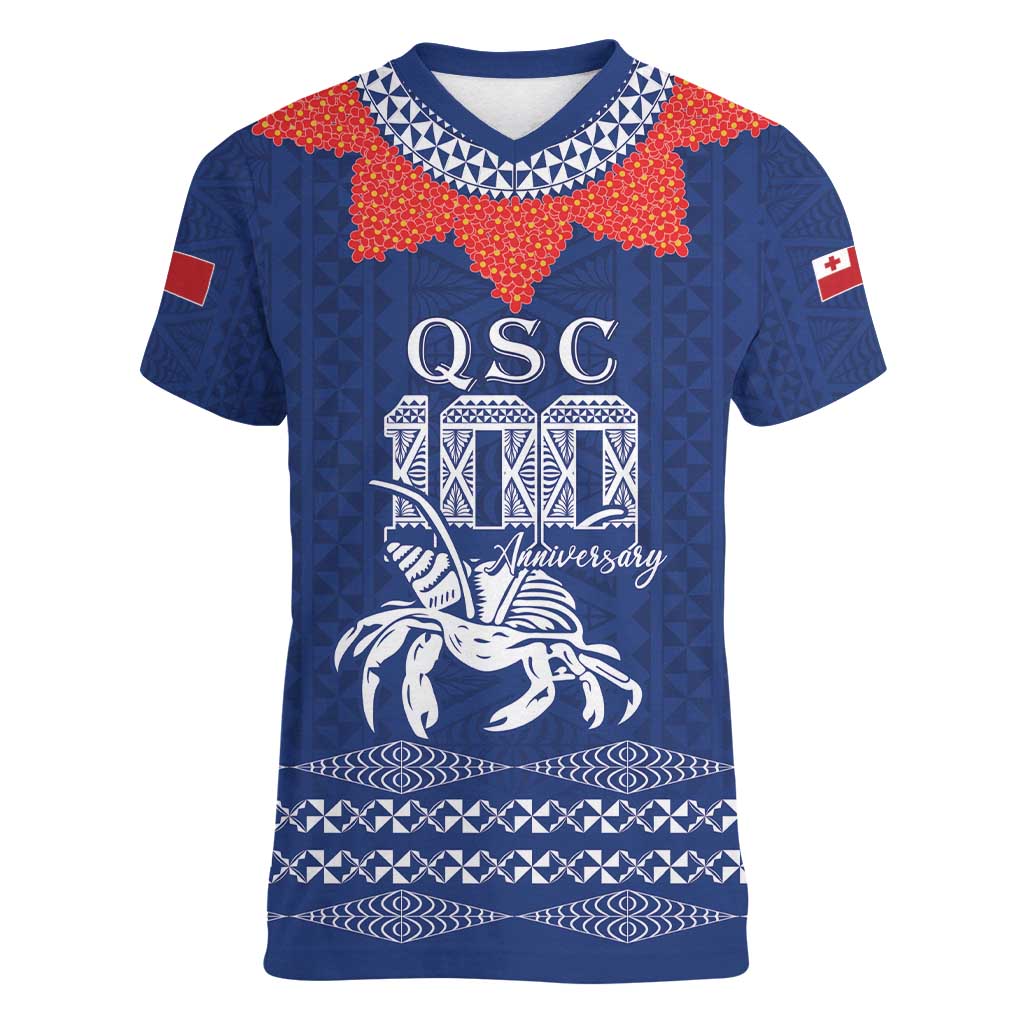 Queen Salote College 100 Years Anniversary Personalized Women V-Neck T-Shirt Tonga QSC Royal Blue - Polynesian Pride