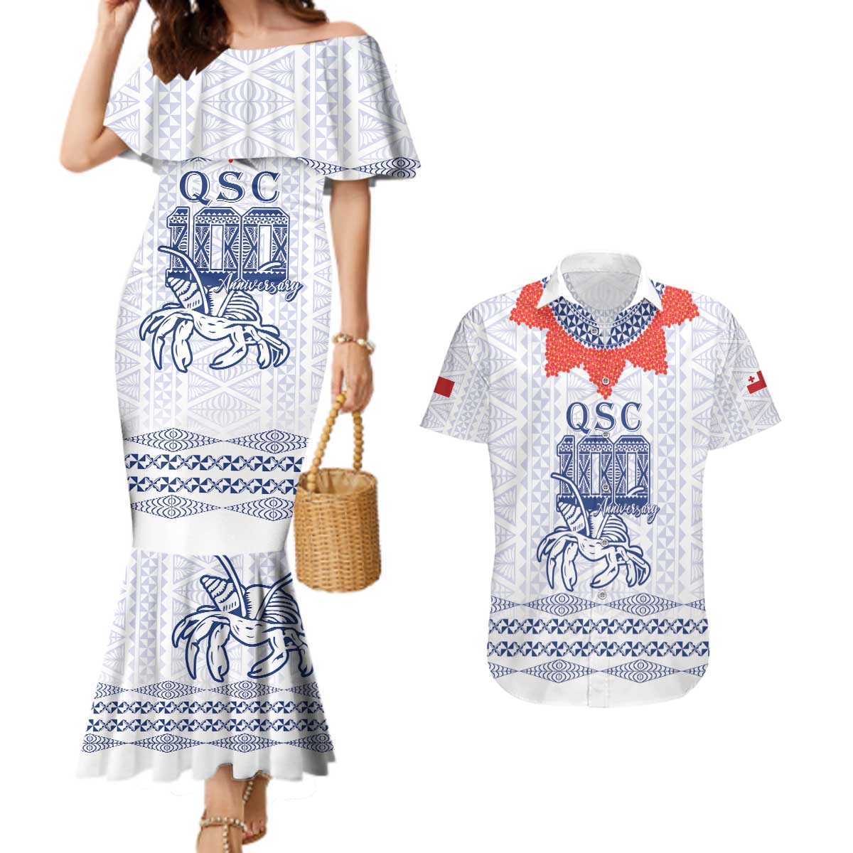 Queen Salote College 100 Years Anniversary Personalized Couples Matching Mermaid Dress and Hawaiian Shirt Tonga QSC White - Polynesian Pride